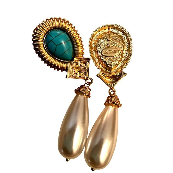 Gold Plated FAUX Turquoise & FAUX Pearl Earrings for pierced ears - Picture 2 of 2